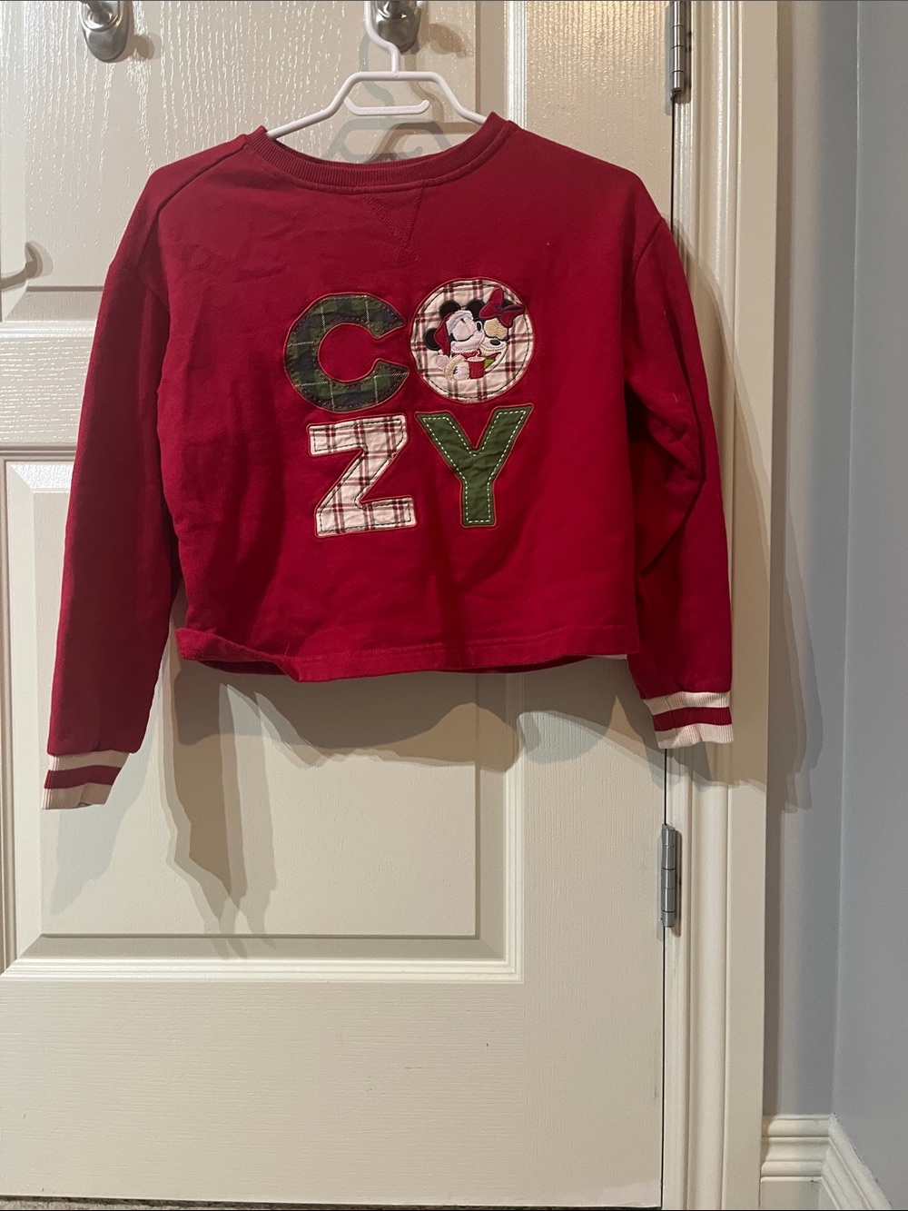 Disney Red Cozy Sweatshirt with Plaid & Green Lettering